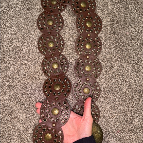 Round Studded Brown Leather Belt with Antique Brass Medallions - Picture 3 of 8